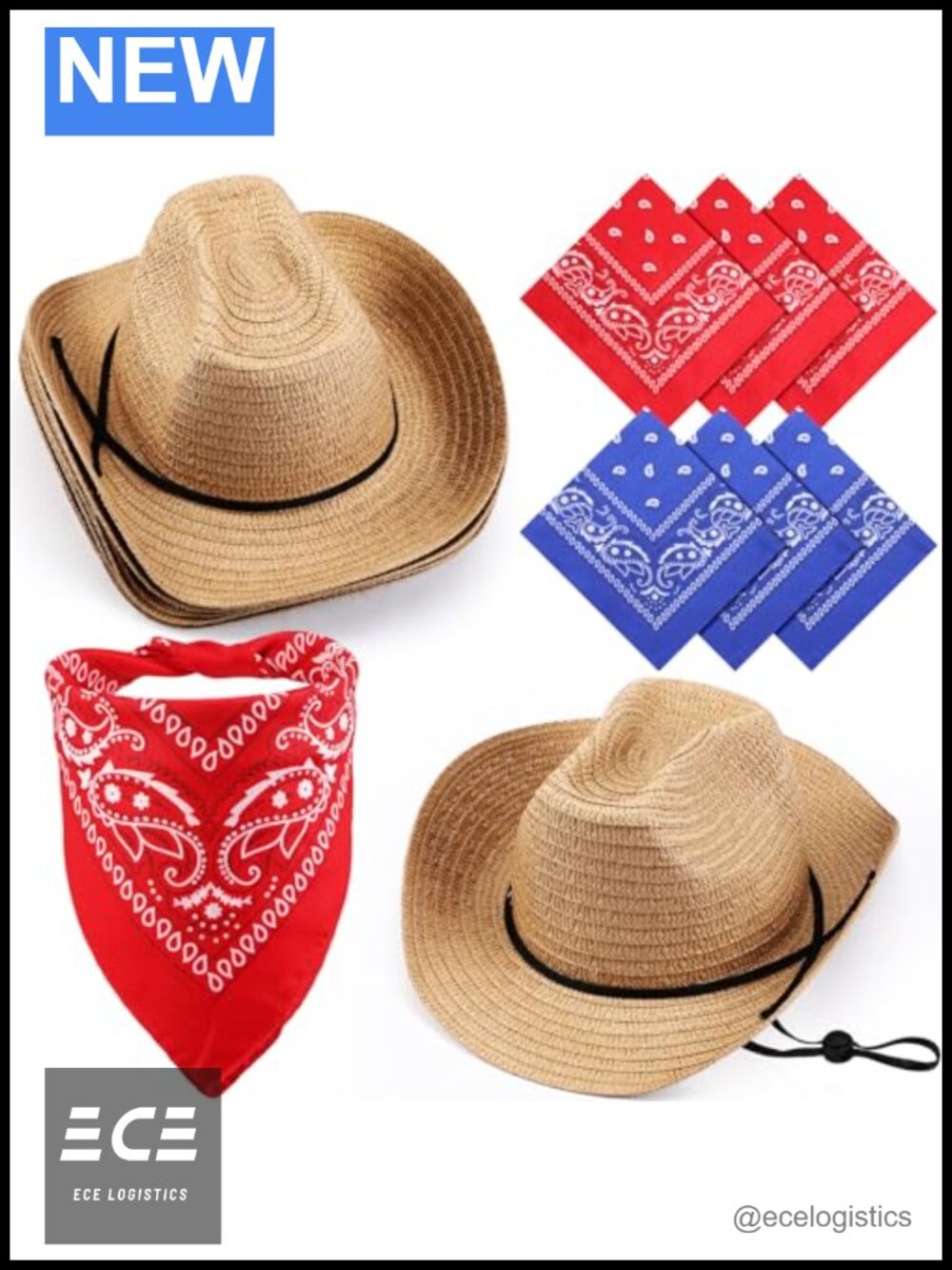 Straw Cowboy Hats and Bandanas Set Western Party Accessories